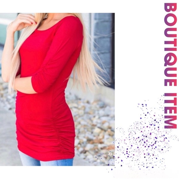 Classic Woman Tops - Red Side Shirring Tunic Top!